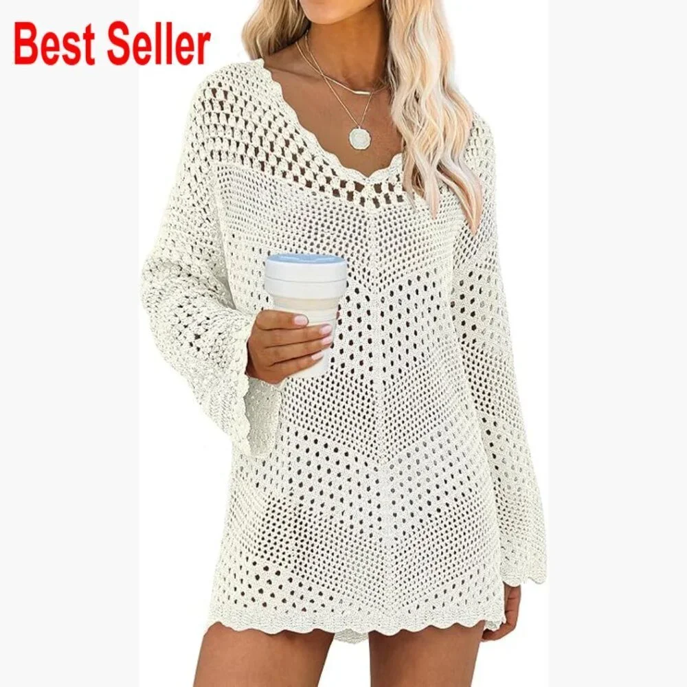 Crochet Mesh Knit Swimsuit Cover Up V Neck Long Sleeve Dress